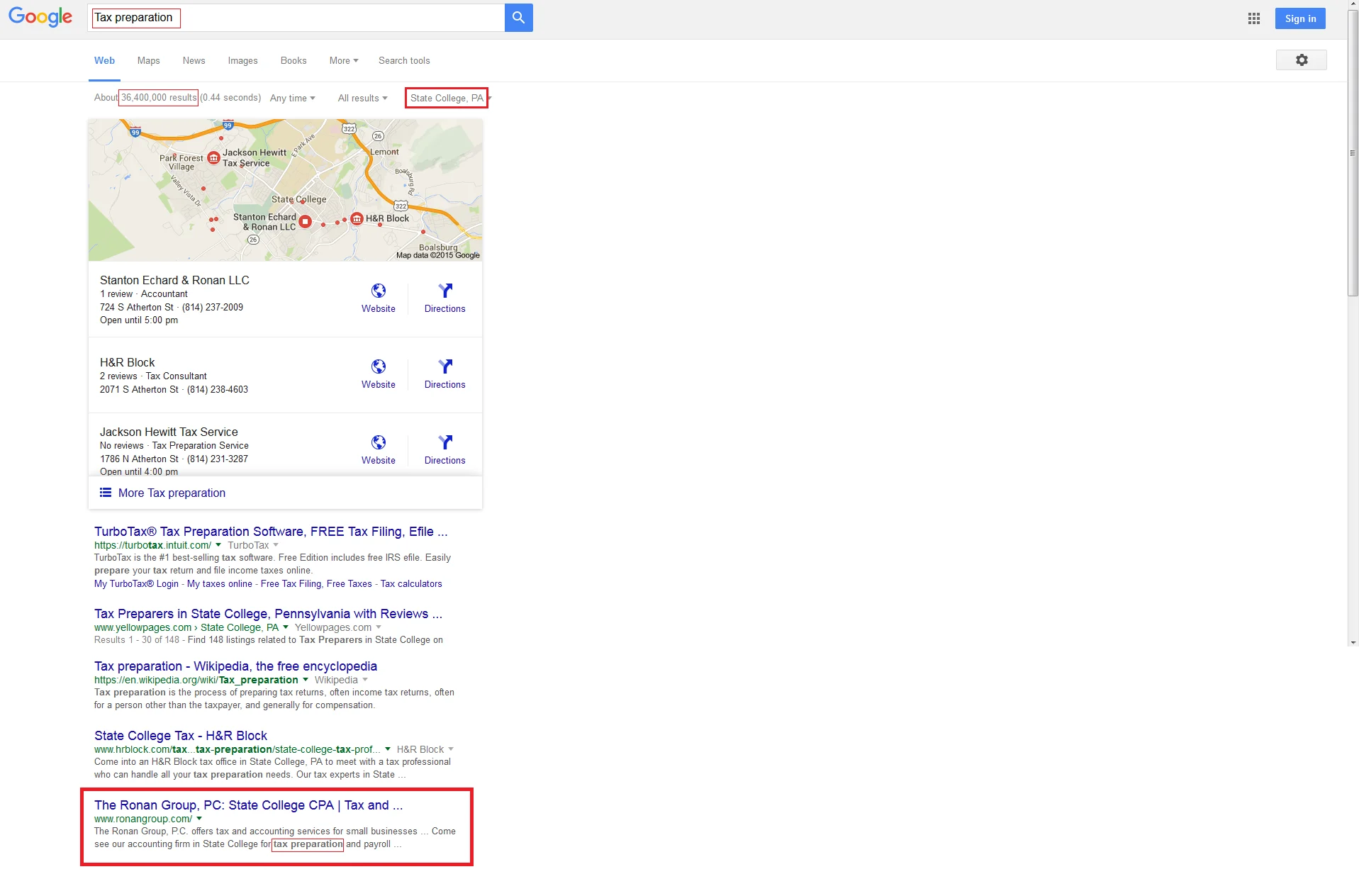 5th in Google for tax preparation